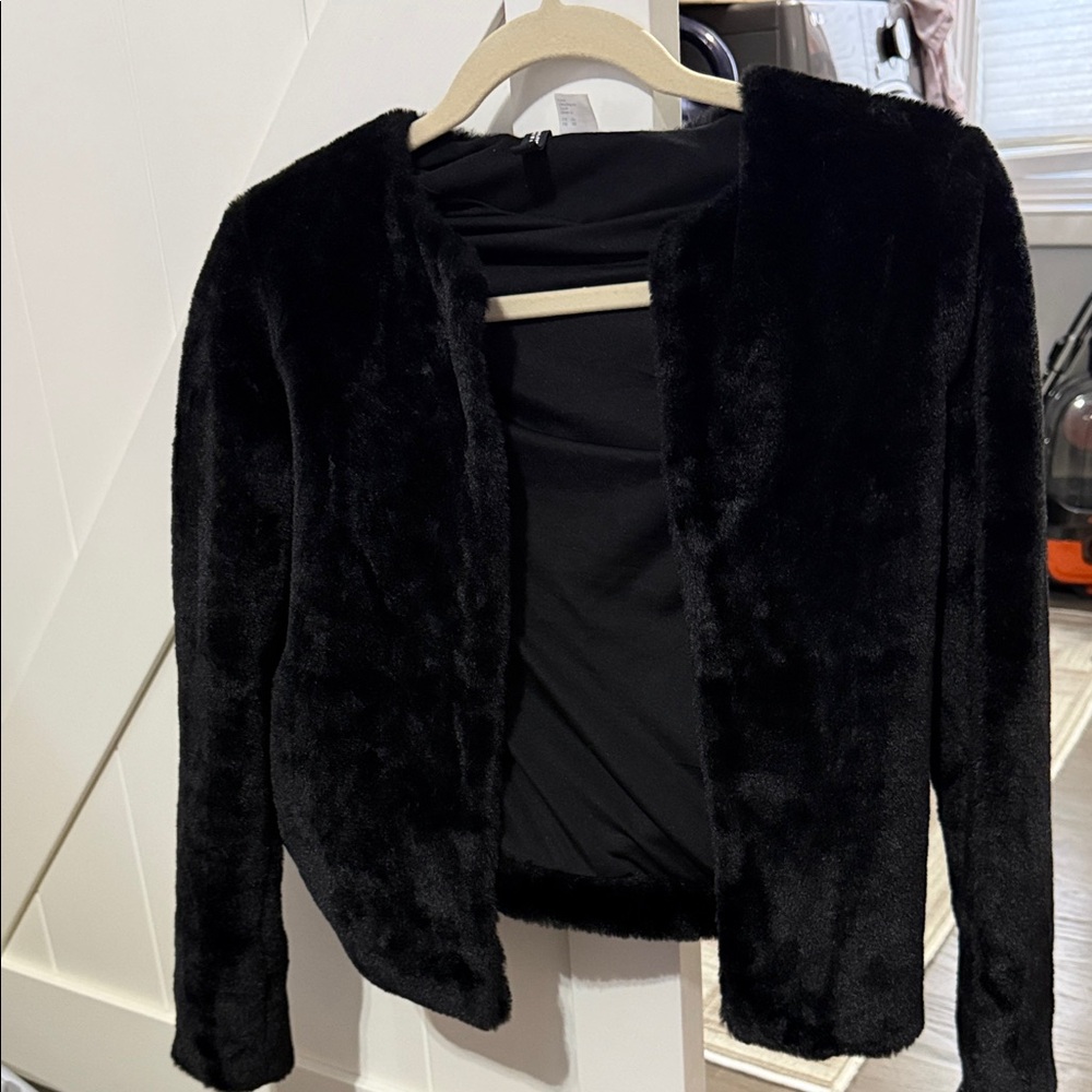 H&M Black Faux Fur Open-Front Teddy Jacket